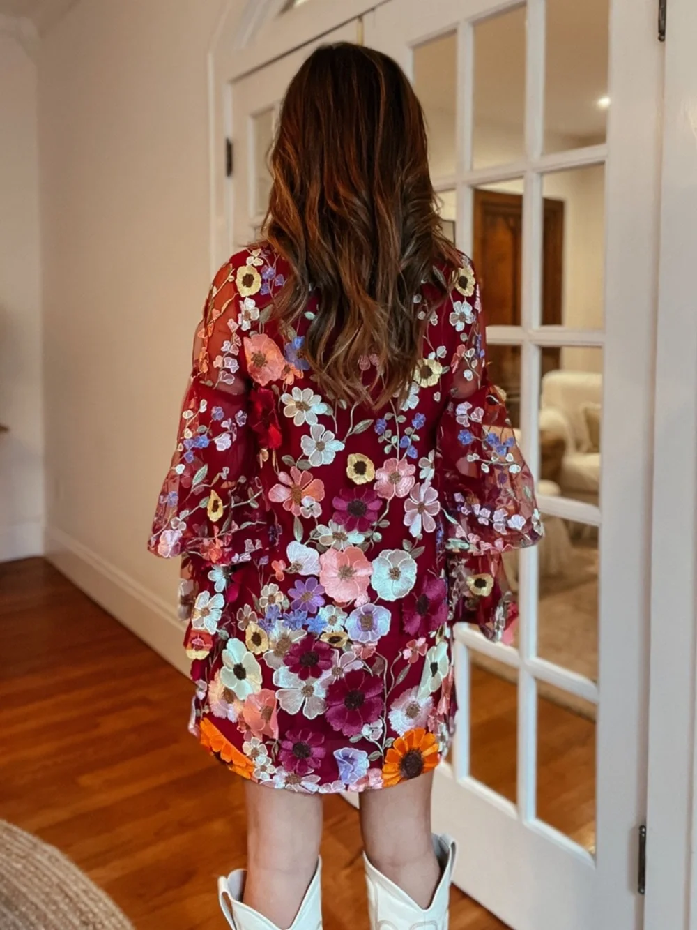 Buddy Love Gayle Wide Sleeve Mini Dress Applique Embroidered Flowers Solstice S - Picture 6 of 10